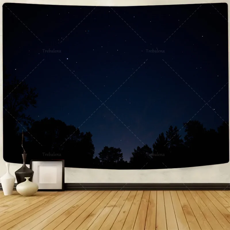 قطعة واحدة من نسيج الحائط "نسيج السماء الليلية المرصعة بالنجوم - فن جداري لمشهد الغابات البسيط الحديث" #1