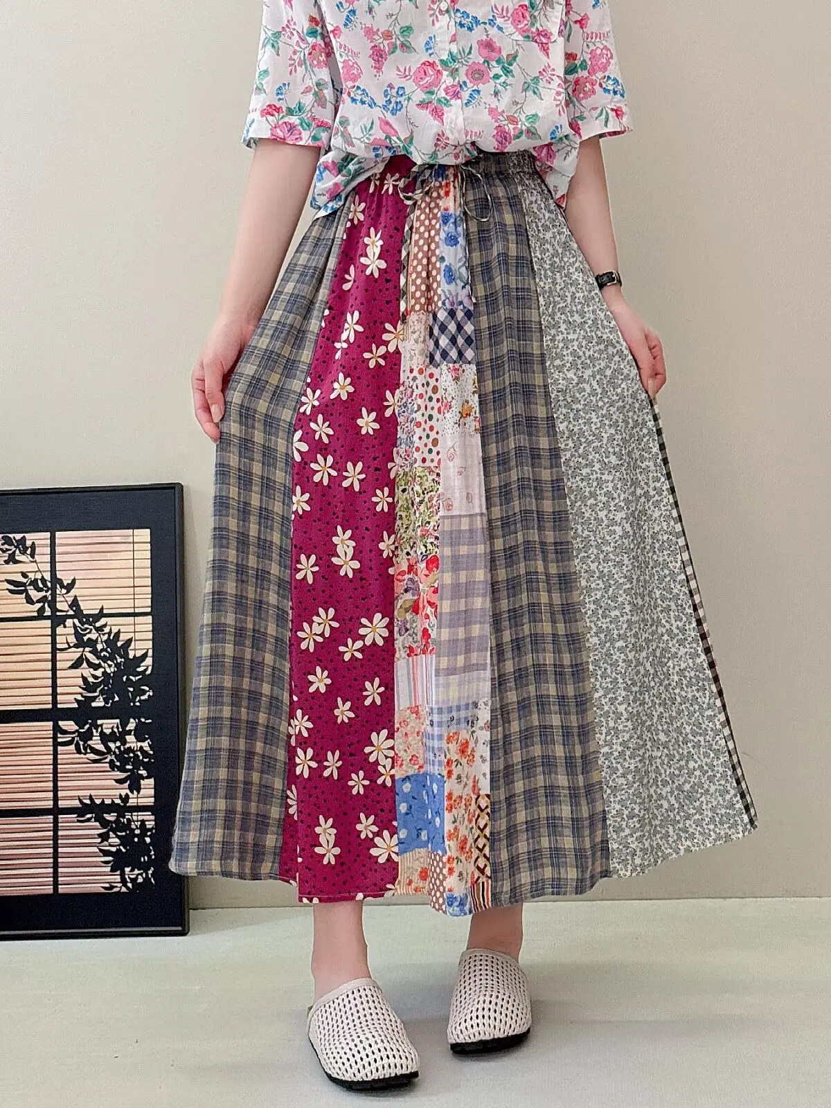 Japanese Sweet Mori Girl Vintage Floral Print Plaid Patchwork Cotton Skirts Women Summer Elastic Waist Casual Loose A-Line Skirt