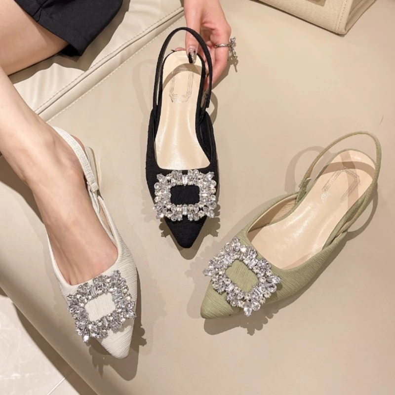 Neue Sommer-Sandalen mit Strass für Damen, modische spitze Slip-On-Slingback-Mules, elegante Schuhe mit niedrigem Absatz für Partys und besondere Anlässe.