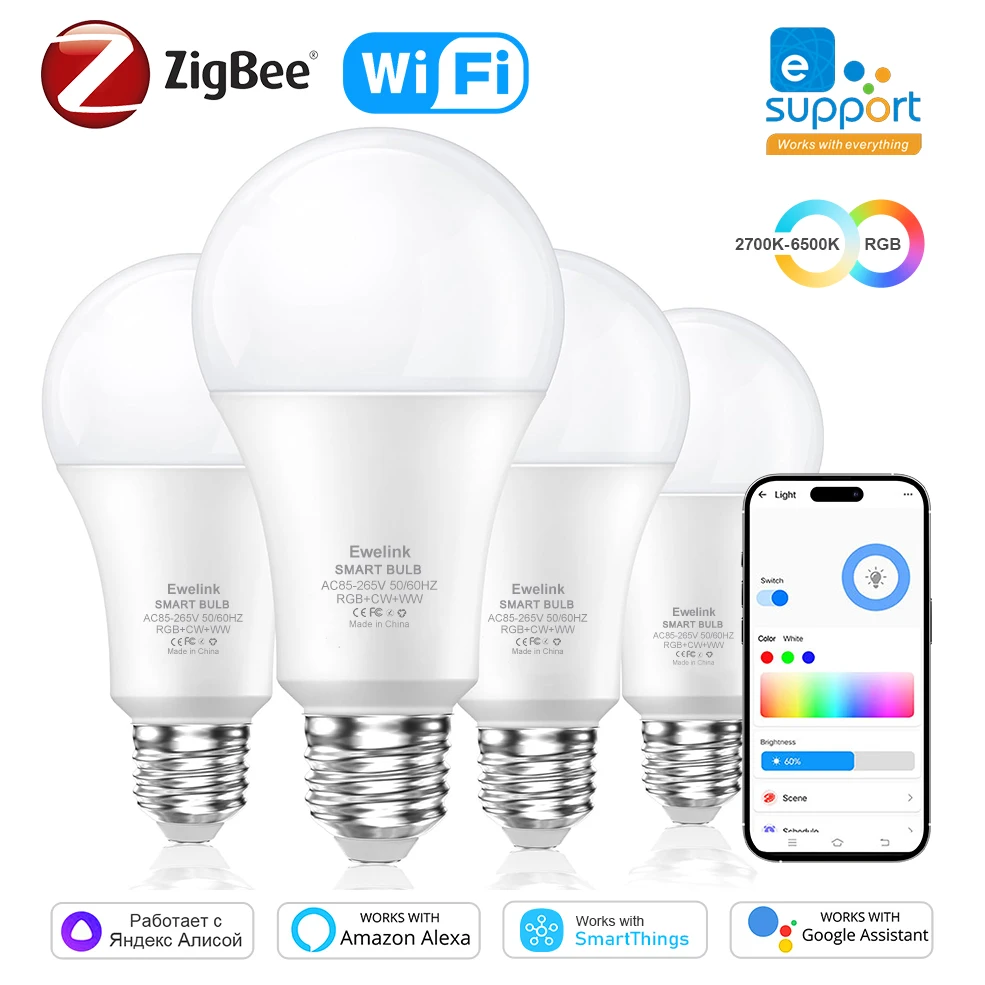 COOLO EWelink WiFi Zigbee Smart LED Light Bulbs 15W 18W E27 Ściemnialna lampa współpracuje z Alexa Google Home Smartthings Yandex Alice