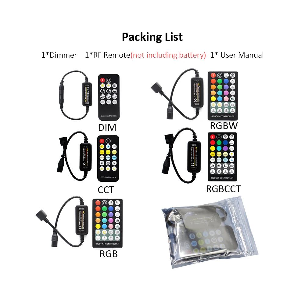 Mini LED Controller RGB CCT RGBW RGBCCT 12V 24V 5V Single Color LED Strip Light Dimmer with RF Wireless Remote Controler