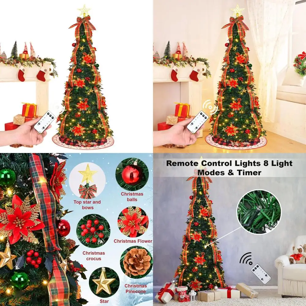 

Рождественская елка длиной 6 футов с предварительной подсветкой и дистанционным управлением, простая сборка, декоративная елка для внутреннего и наружного использования с подсветкой, украшениями, лентами, Fl