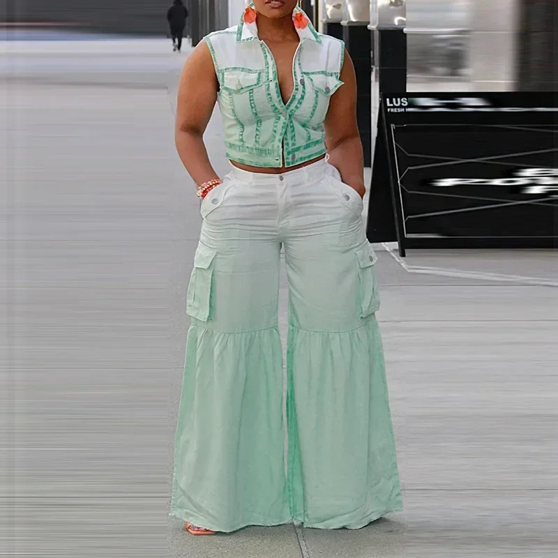

Large Size Women's Suit Summer Stripes Gradual Change Vest Pocket Overalls Casual Two-piece Set