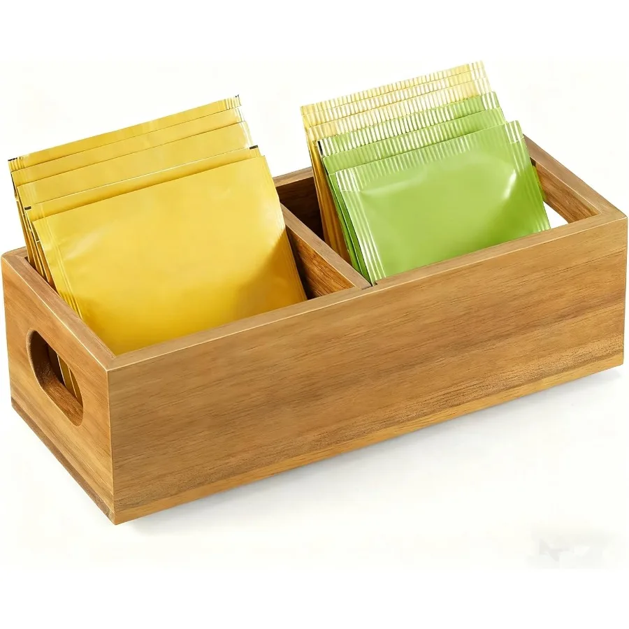 

Органайзер для чайных пакетиков из дерева акации с очень широкими отделениями для чайных пакетиков, 2-слотовая чайная корзина для хранения на столешнице и ящиках. Идеально подходит для хранения.