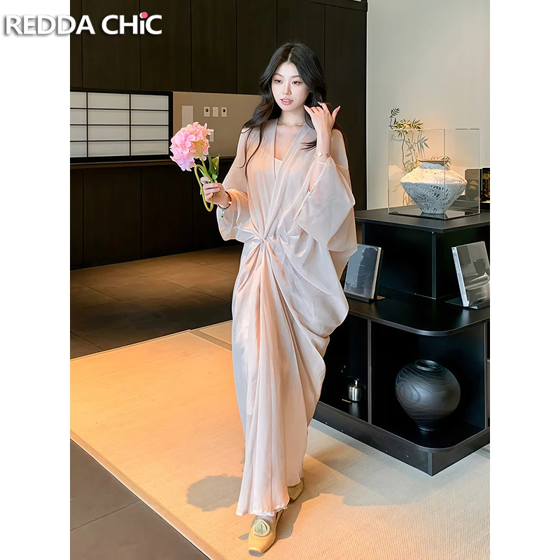 

ReddaChic женское платье со сборками под платьем, длинное платье макси с v-образным вырезом и половиной рукава, элегантная повседневная летняя одежда