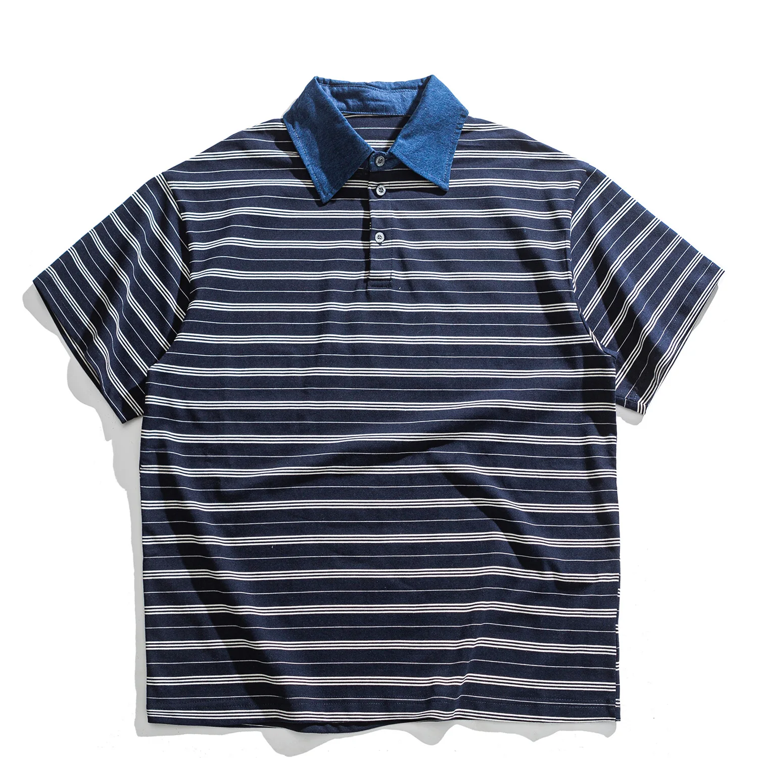 Summer Japanese Retro Amikaji Striped Short Sleeved Polo Shirt Loose Denim Lapel Patchwork Sea Soul