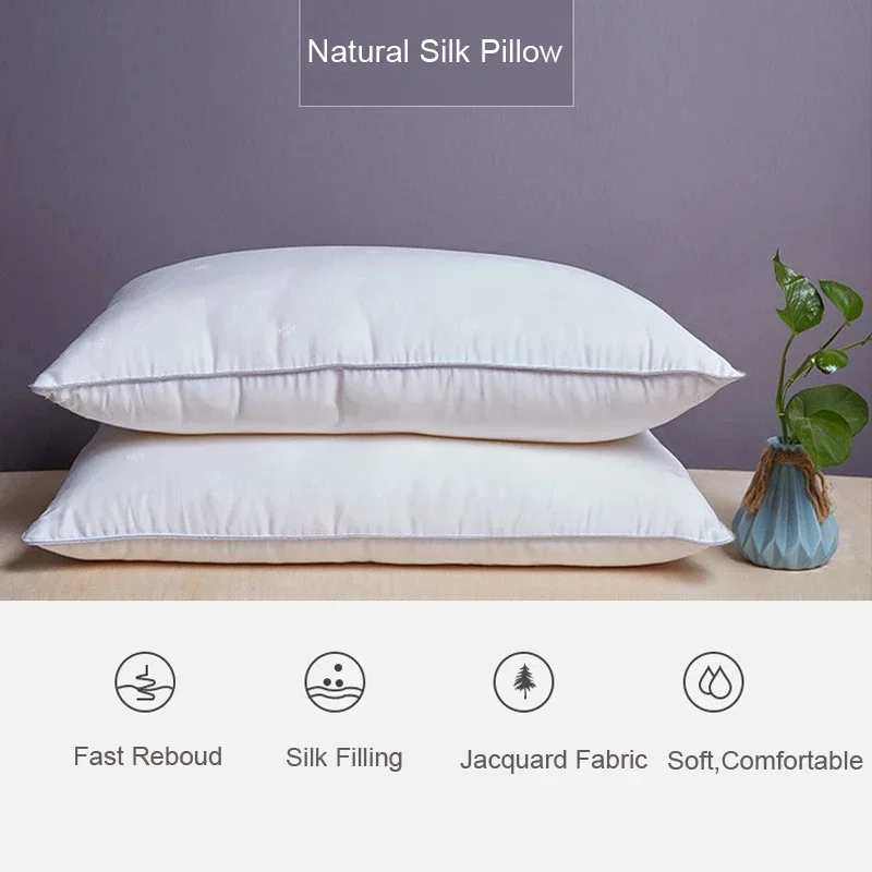 Mulberry Silk Bedding Pillows 48*74 1100 Grams Natural Silk Filling Jacquard Anti Mite Soft Fluffy Hotel Neck Sleeping Pillows