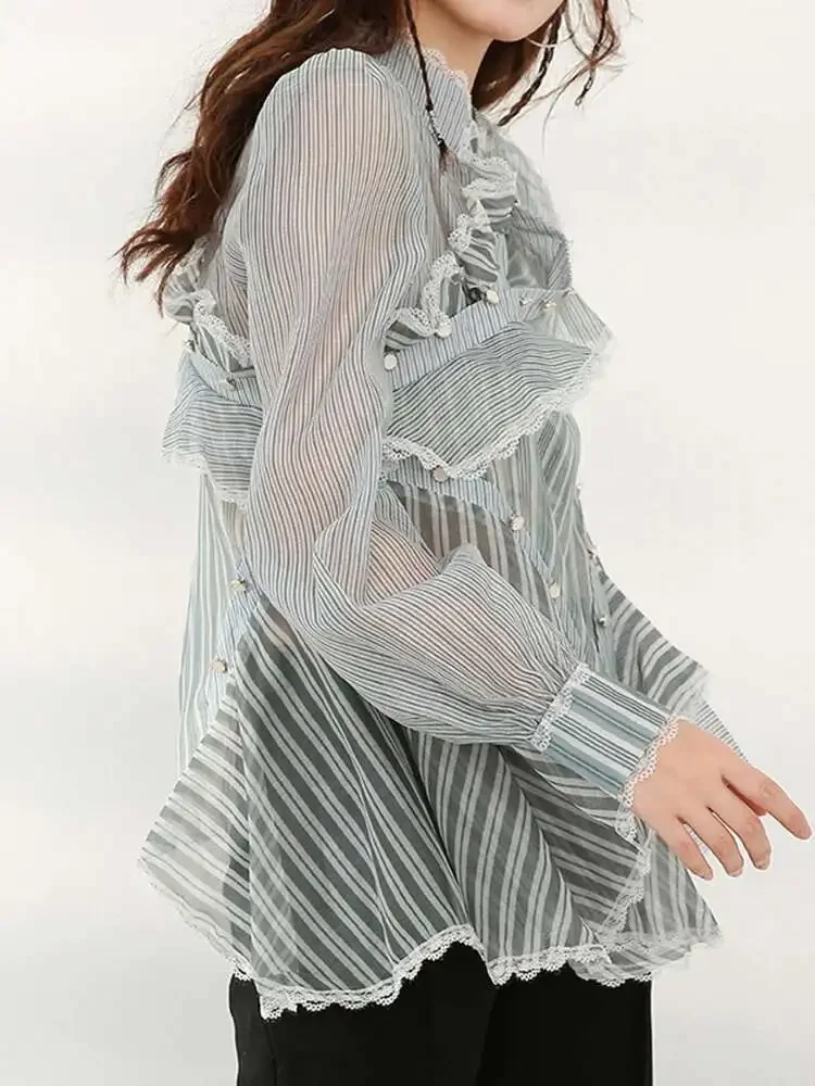 Sukienka damska asymetryczna z kokardą z organzy, metalowym guzikiem, na wybieg, nowa, stójka, długi bufiasty rękaw, moda jesień 2025, jesień 2025 2F0289