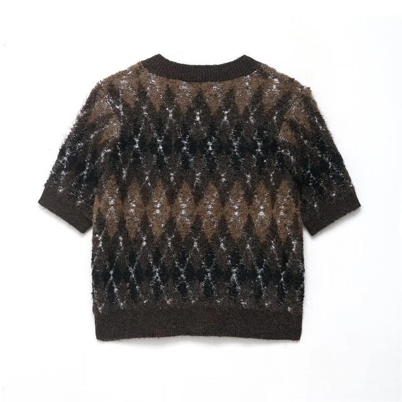 Women's Jacket New Style for Autumn 2025 Brown Diamond Check Short Sleeve British Style Knitted Cardigan Coat Casual and Fashion