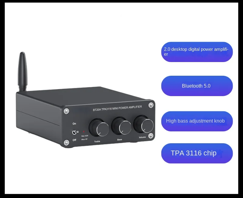 BT20A stereo 2-channel desktop digital amplifier Bluetooth 5.0 Class D mini amplifier