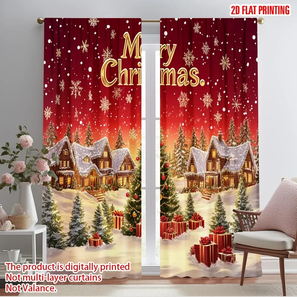 2pcs,2D plane printing Window Curtain Merry Christmas Village Scene Polyester Fabric (without rod) All Seasons Perfect for
