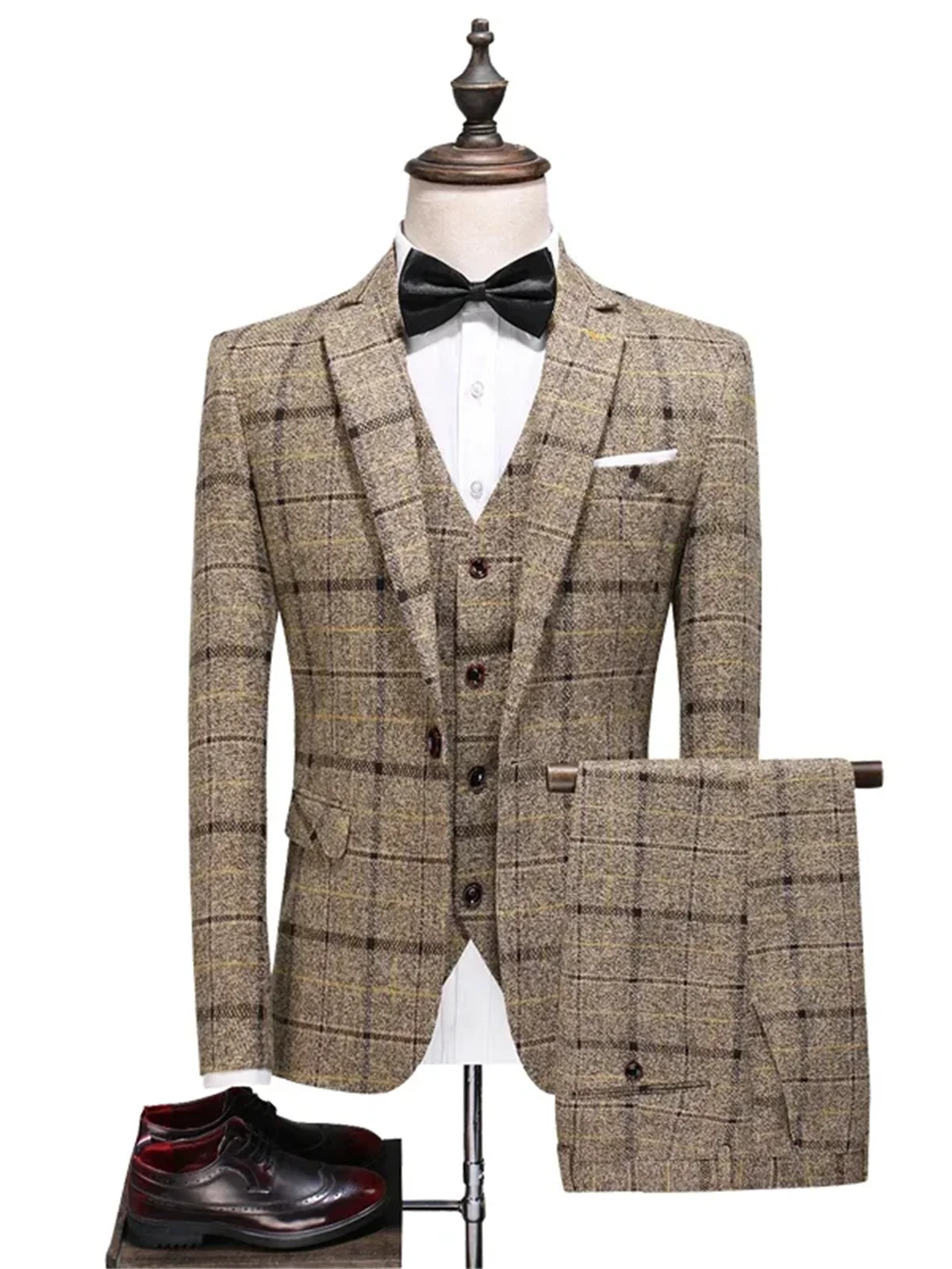 

3 Pieces (Blazer+ Vest + Pants) Men's Fashion Business Gentleman Wedding Casual Plaid Cotton Linen British Suit