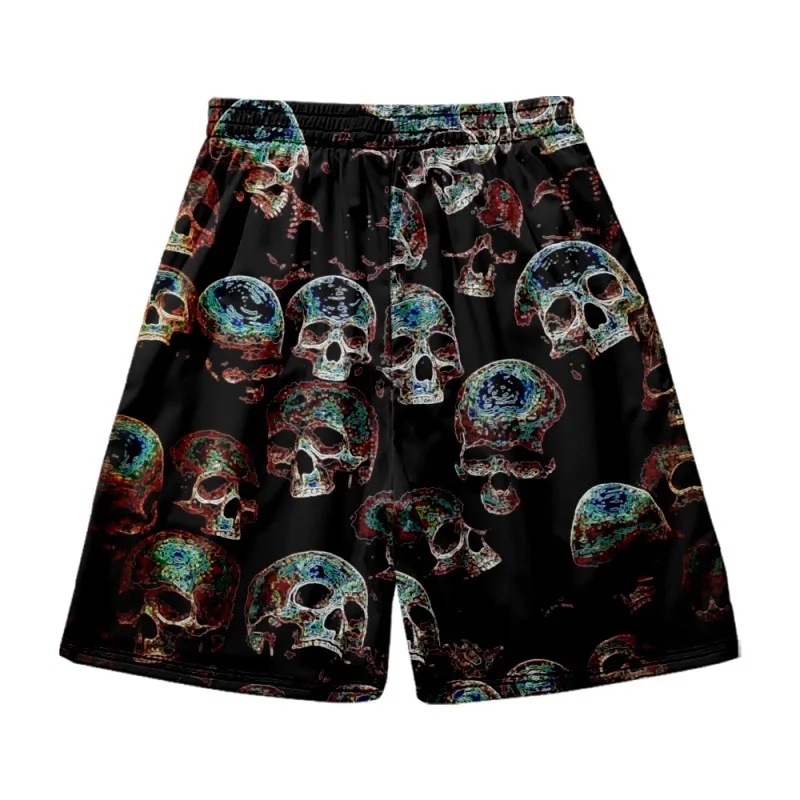 2022 casual preto skull print praia shorts roupas de verão novos calções de cintura elástica masculina streetwear