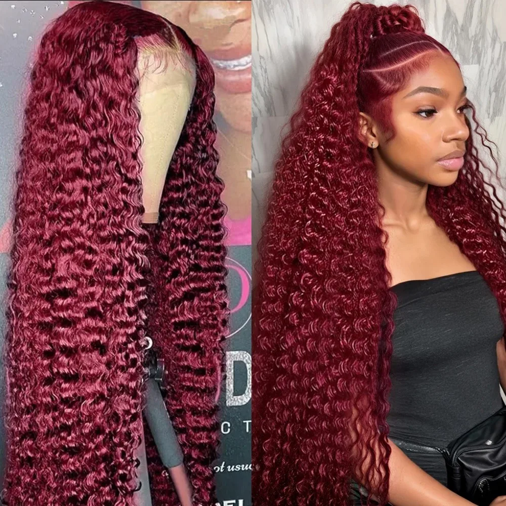 100%人毛ディープウェーブ99Jバーガンディ13x4レースフロントウィッグ13x6カーリー38インチHDレースフロントウィッグレッドウォーター縮れ毛ブラジリアン
