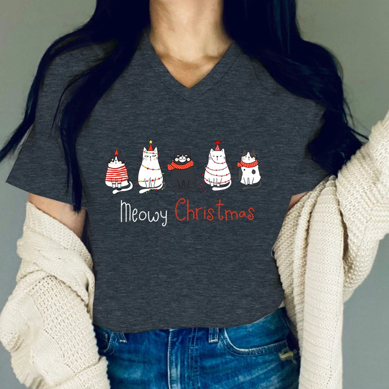 المرأة عيد ميلاد سعيد القطط الكرتون المطبوعة تي شيرت, موضة, كم قصير, الخامس الرقبة, تي شيرت, مضحك, عطلة