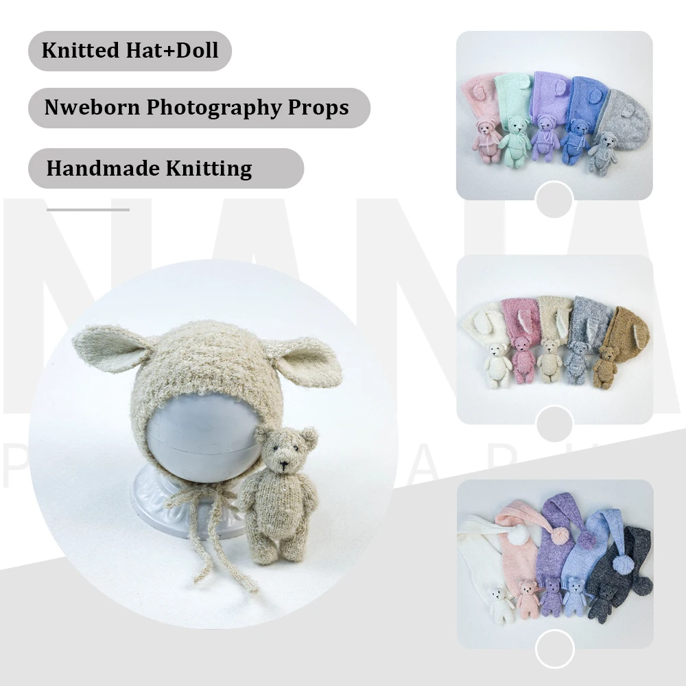 

Newborn Photography Props Knitted Mini Bear Doll+matching Animals Bonnet Set Studio Baby Photo Themed Neutral Props Accessories