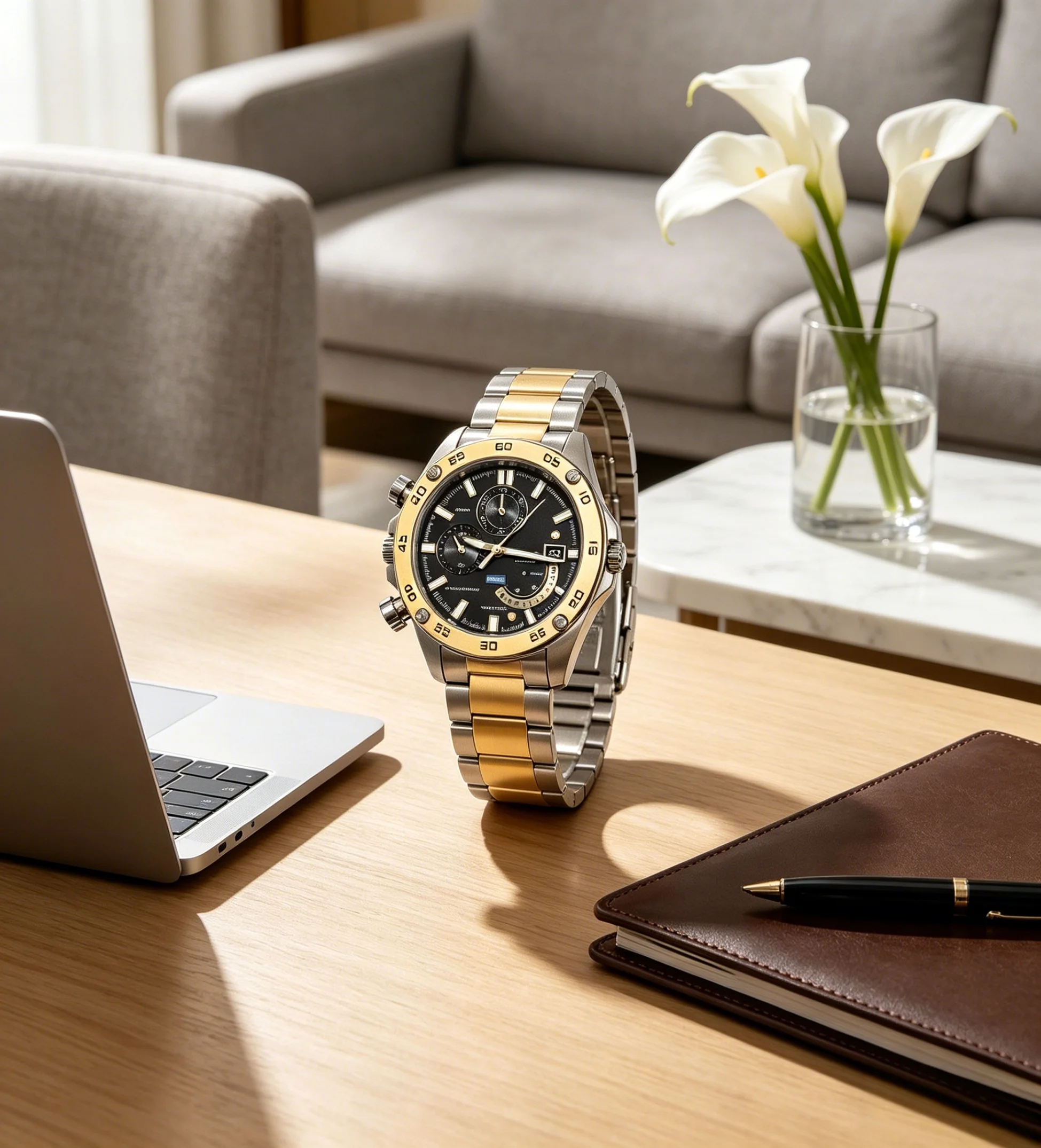 

Sporty chronograph men’s watch with steel bracelet and water resistance; suitable for both business and leisure