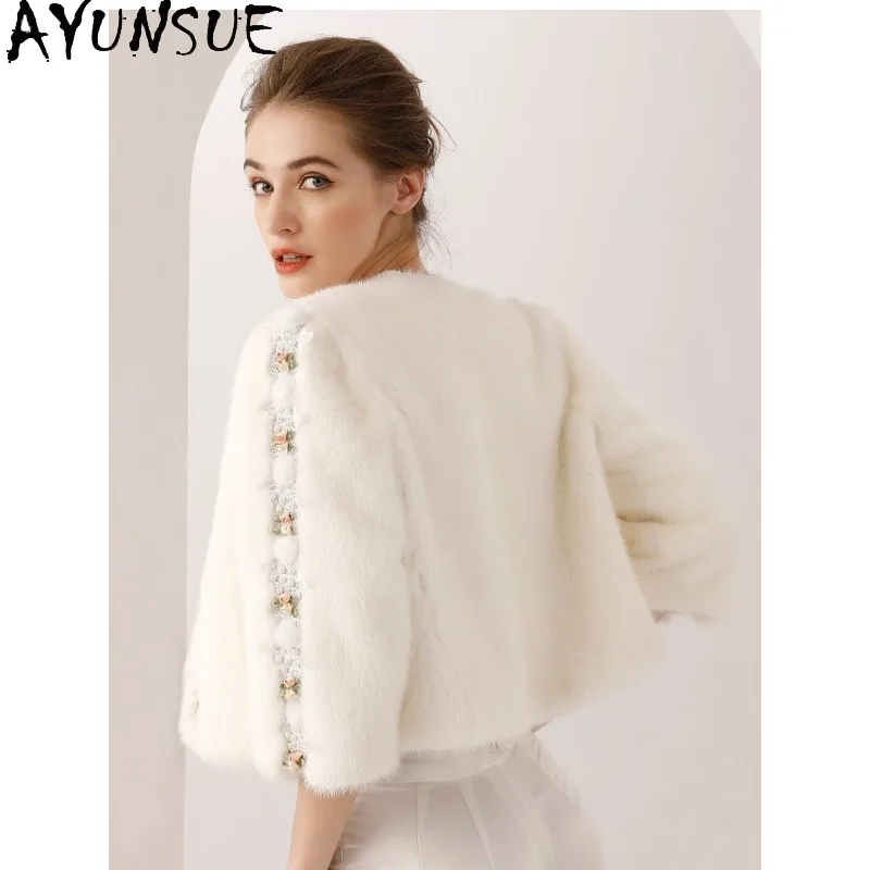 AYUNSUE Purple Label Mink Fur Coat Woman Collarless Fur Jacket Short Outerwears Whole Mink Fur Coats Woman Clothes Luxury 신상아우터