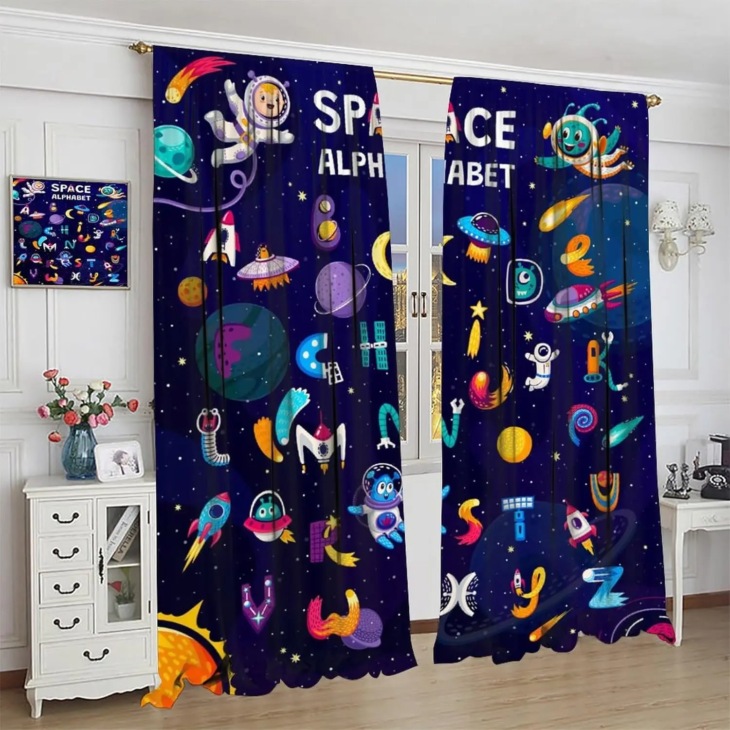 

Astronaut Letters ABC Curtains for KidsCartoon Space Universe Aliens Educational School Learning Spelling Alphabet Window Drapes
