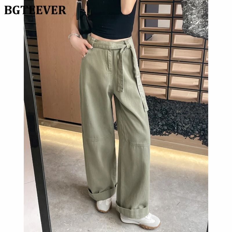 BGTEEVER Stylish Lace-up High Waist Straight Jeans Trousers for Women Summer Fashion Loose Women Pockets Wide Leg Denim Pants