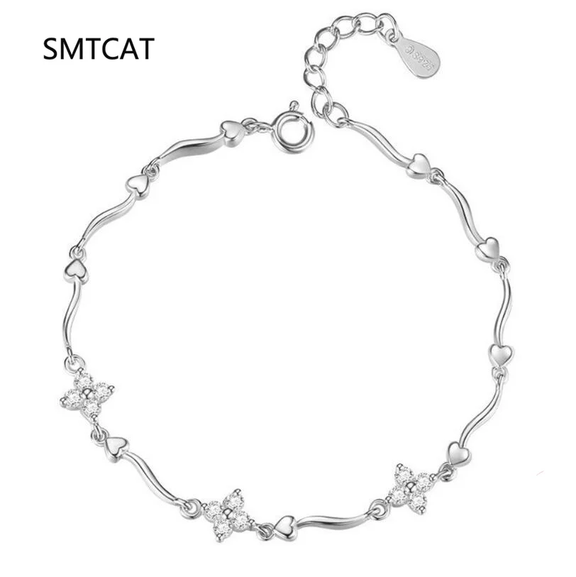 

925 Sterling Silver Exquisite Lucky Four Leaf Clover CZ Link Chain Stackable Sweet Heart Bracelet For Women Daily Fine Jewelry