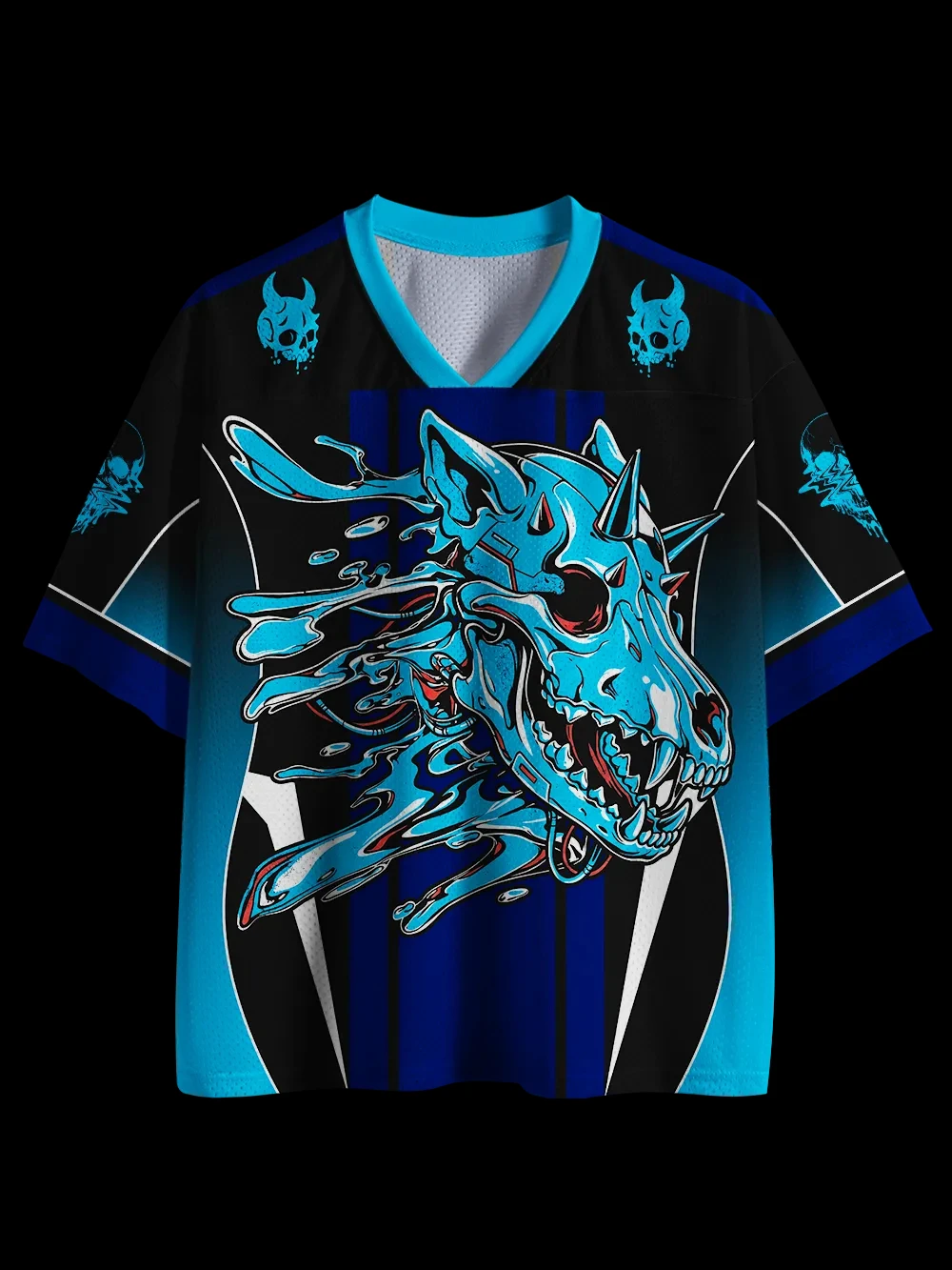 Unisex Y2K Cyber Beast Skull Graphic Mesh Tee V‑Neck Short Sleeve Breathable Loose Streetwear Black Blue Summer Sport Tops