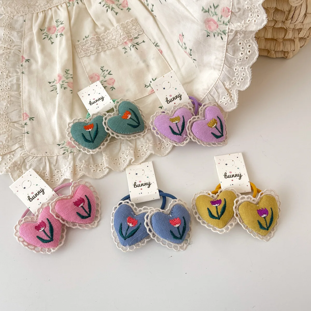2pcs Heart Elastic Hair Bands Flower Embroidery Baby Girls Hair Rope Ties Children's Ponytail Holder Rubber Bands Kids Headwear