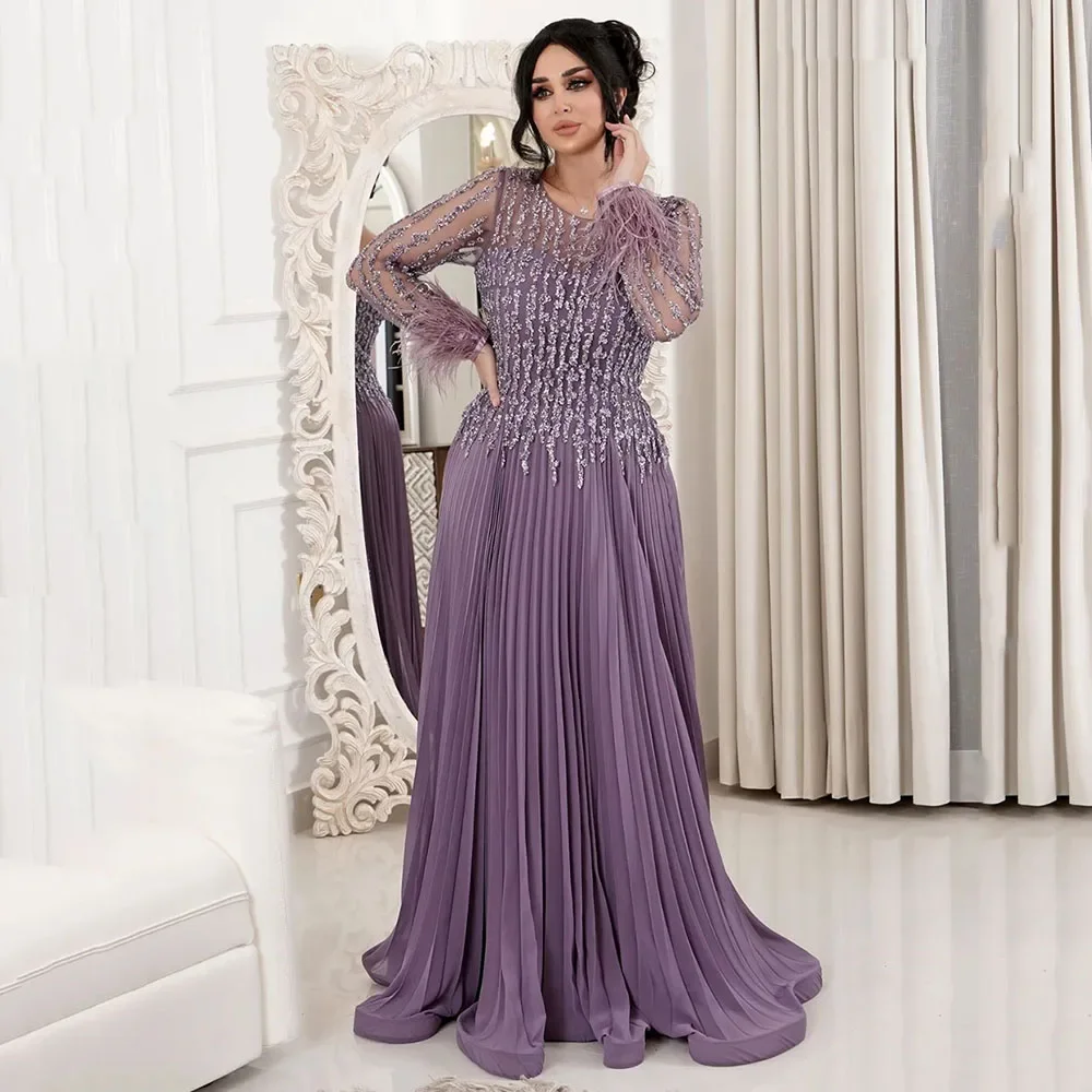 Customized Round Neck A-line Prom Gown Long Sleeve Feathers Pleat Evening Dresses Lace Elegant Banquet Dress فساتين السهرة 2023