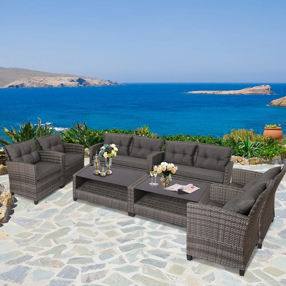 

8PCS Rattan Patio Conversation Set Cushioned Outdoor Furniture Set