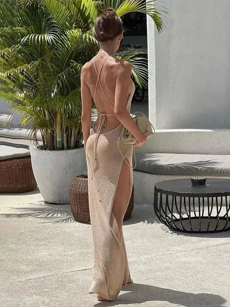 Sexy See Through Knit Backless Lace-up Split Bodycon Beach Dress 2024 Summer Women Solid Halter Holiday Swimwear Cover-ups A2797