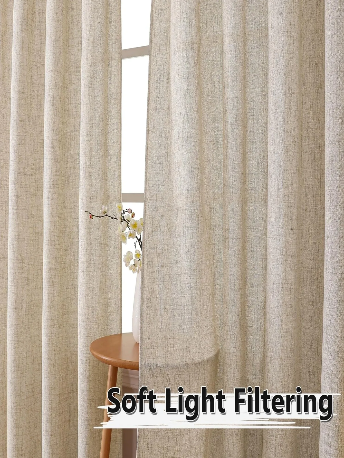 Linen Curtains 84 Inch Length 1 Panels Set Curtains Ivory Semi Sheer Curtain Drape for Living Room Rod Pocket Light Filtering
