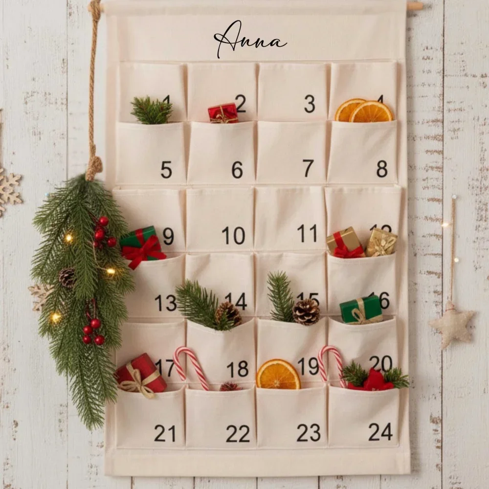 Christmas Advent Calendar 24 Days Countdown Wall Hanging Bag Canvas Reusable Fillable Pockets Xmas