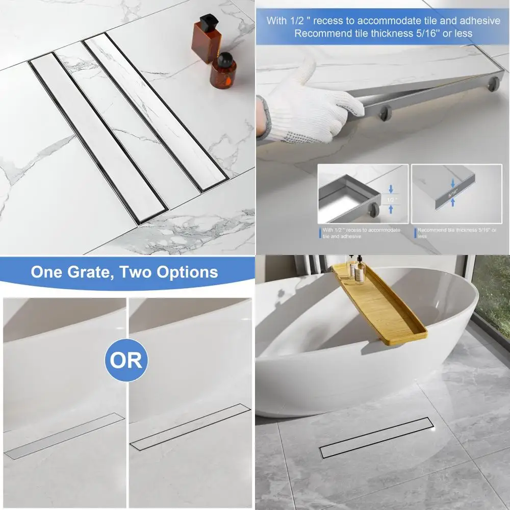 

Linear Shower Drain 32-Inch with Tile Insert Grate, Stainless Steel Brushed Nickel Long Rectangle Drain for Showers