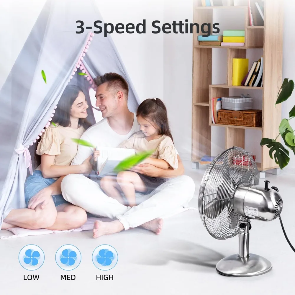 مروحة طاولة ريترو مقاس 12 بوصة، مروحة مكتب معدنية بالكامل مع 3 سرعات قابلة للتعديل و80 °   تذبذب واسع، مثالي لغرفة النوم والمكتب