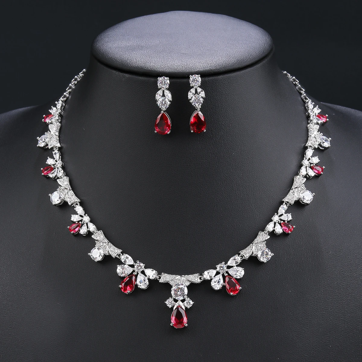 Red,Green Water Drop Cubic Zirconia 2PCS Jewelry Sets For Women Luxury Bride Wedding Necklace And Earrings Accessories CN11304