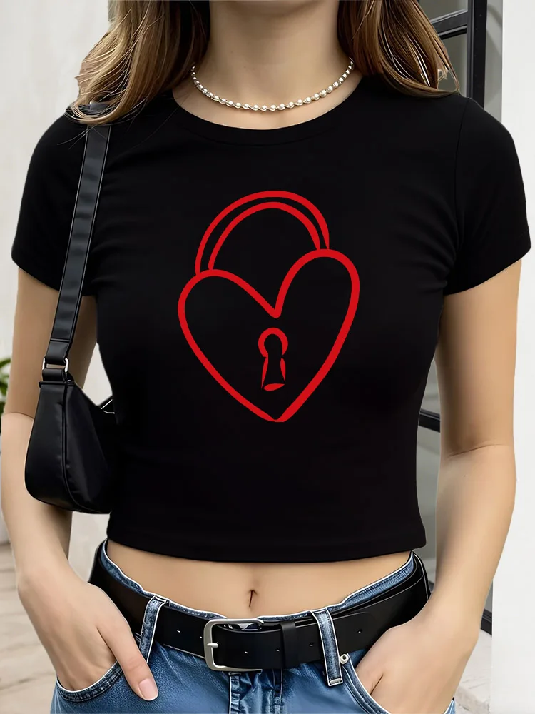

Love Lock Women Graphic Crop Top Black Short Sleeve Slim Fit T-Shirt Basic Spring Summer Top