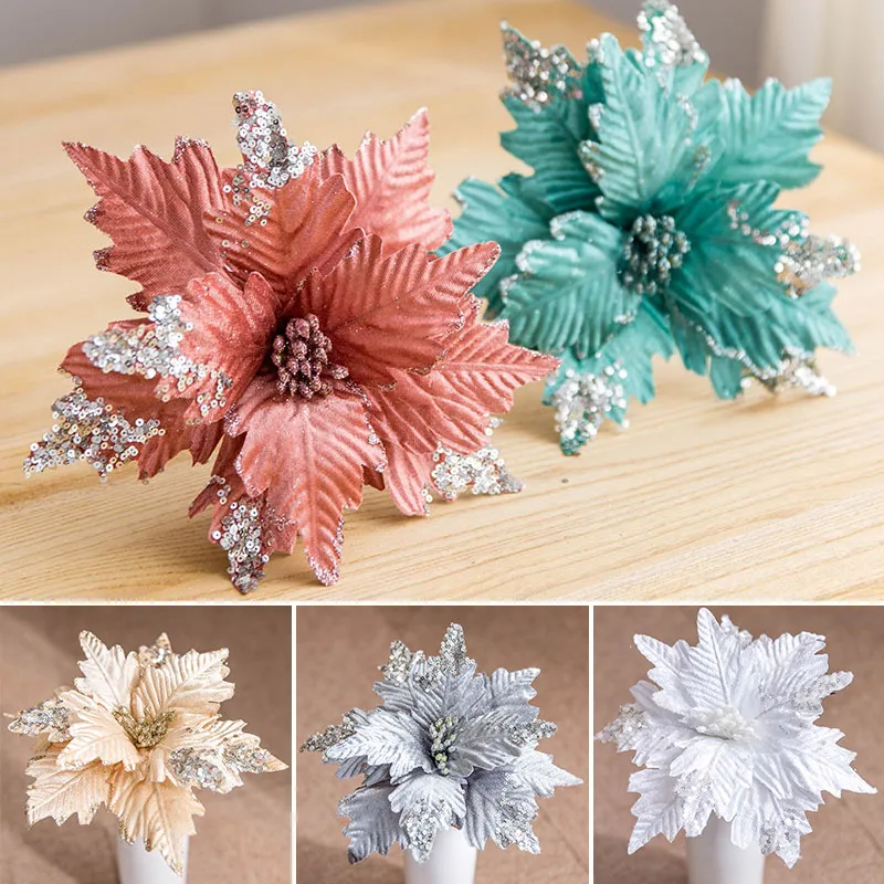 Artificial Glitter Poinsettia Flowers Head Simulation Christmas Flower Xmas Tree Pendant Ornament DIY Wedding Party Home Decor