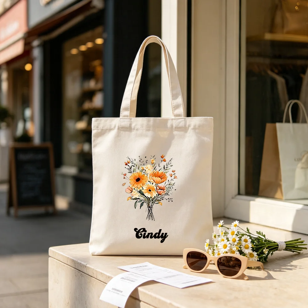 Custom Lavender Bouquet Canvas Tote Bag, Personalized Name Floral Shoulder Bag, Reusable Shopping Handbag Gift for Women.