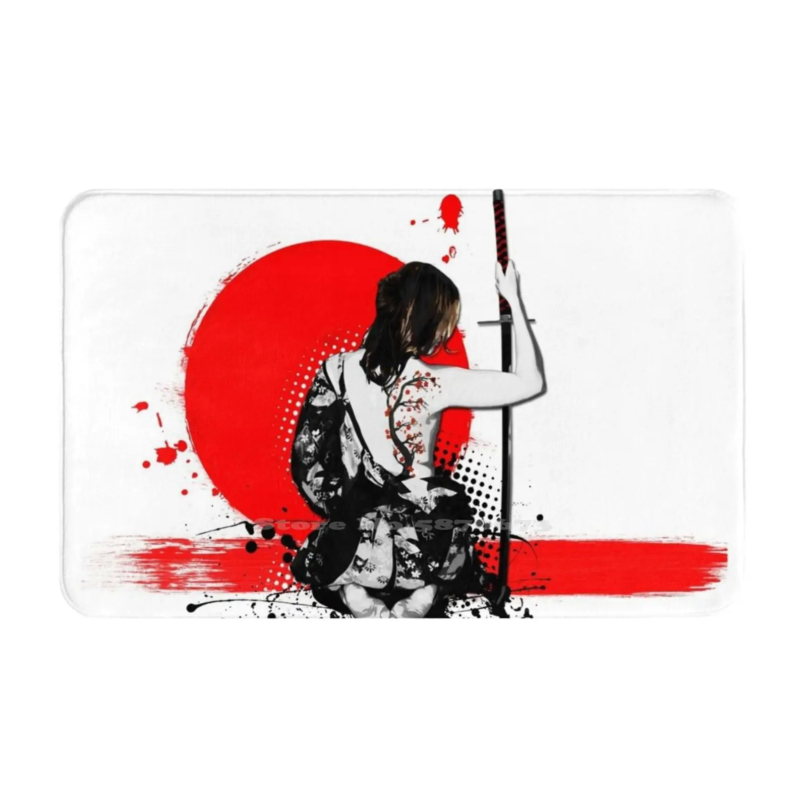 Female Soft Cushion Car Home Carpet Door Mat Woman Female Girl Japan Spatter Sword Katana Punk Red Black