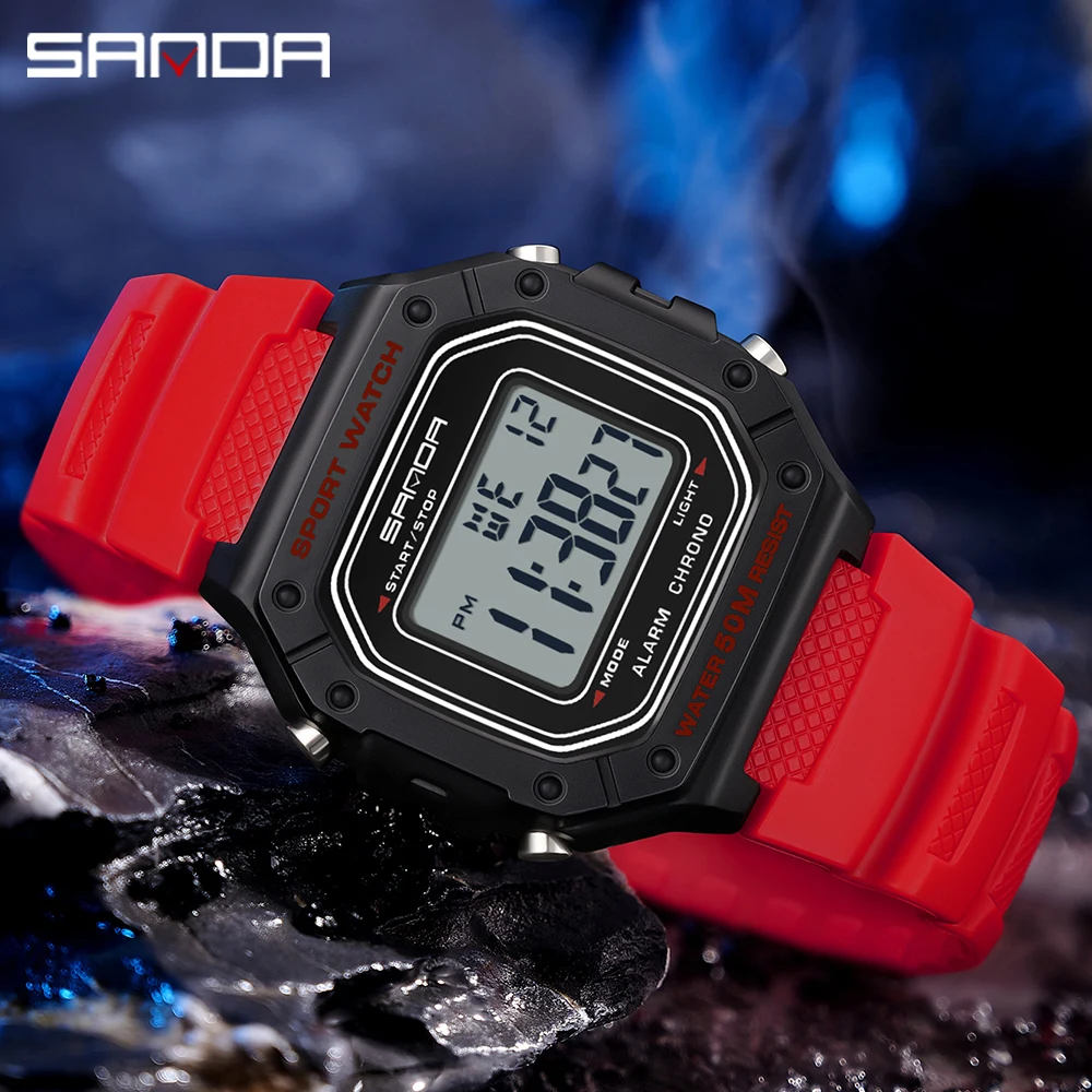 SANDA 2156 Men Watch New Model Electronic Digital Movement Rectangle Led Display Dial Outdoor Sports Watertight Male Wrist Watch