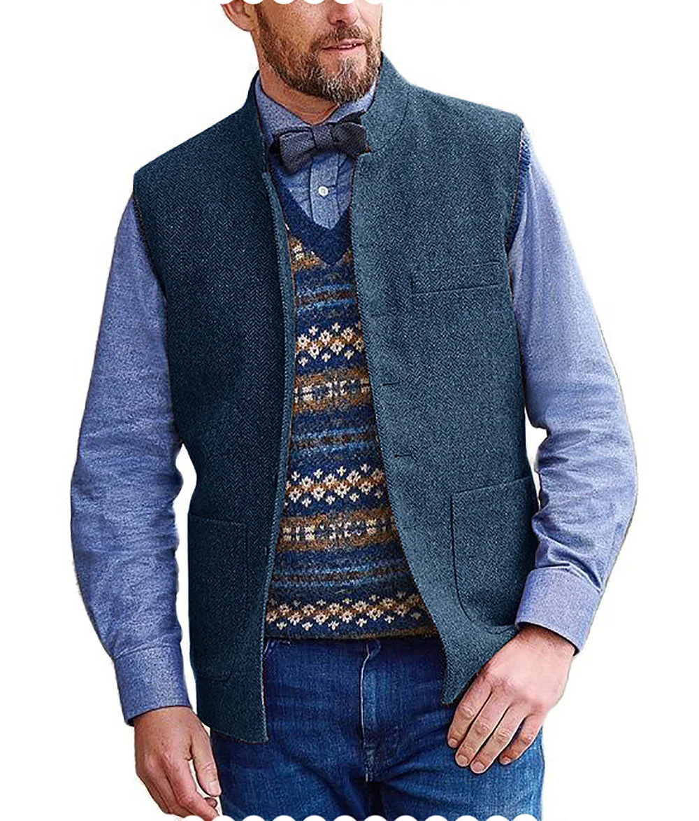 Stand Collar Men's Suit Vest Middle-Long Style Herringbone Wool Tweed Business Formal Waistcoat Groossmen For Wedding