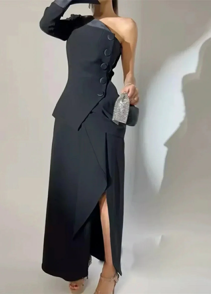 

Lzhk Customized Temperament Jersey Straight One Shoulder Buttons Evening Dress Delicate Long Sleeves Floor Length Prom Gowns