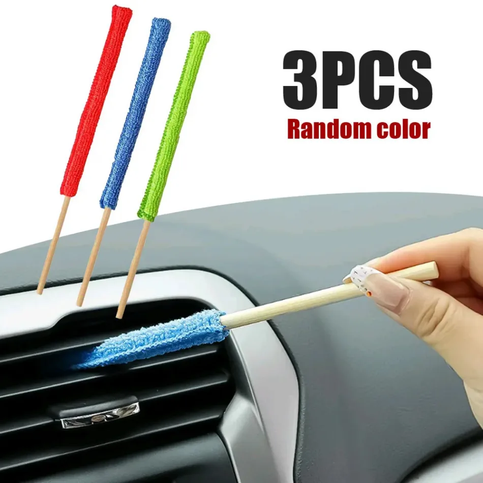 3pcs Car Microfiber Detail Cleaning Brush Tool Auto Air Conditioner Blind Narrow Dust Collector Stick Cleaning Cloth Brushes