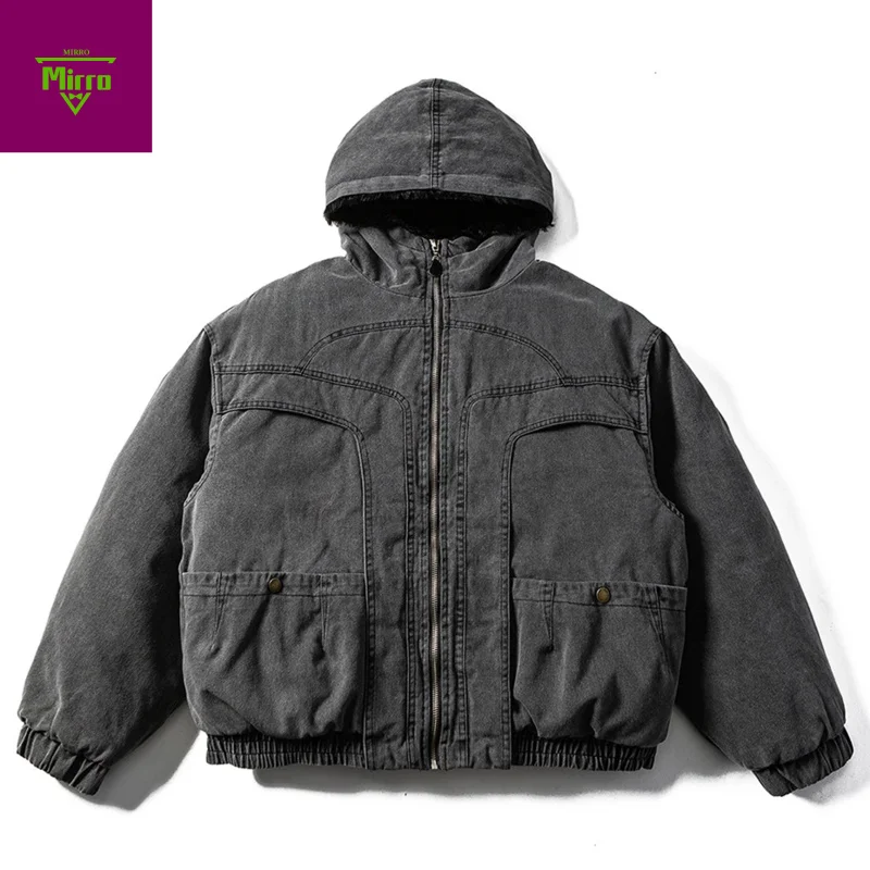 

【Mirrordust】Men Winter Jackets Thicken Fleece Warm Parkas Coats Vintage Hooded Padded Jackets Loose Casual Jackets Outwear