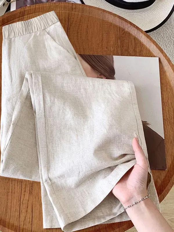 

Льняные широкие брюки для женщин, драпированные, тонкие, повседневные, свободного прямого кроя, летние, новые, с эластичным поясом, в художественном стиле