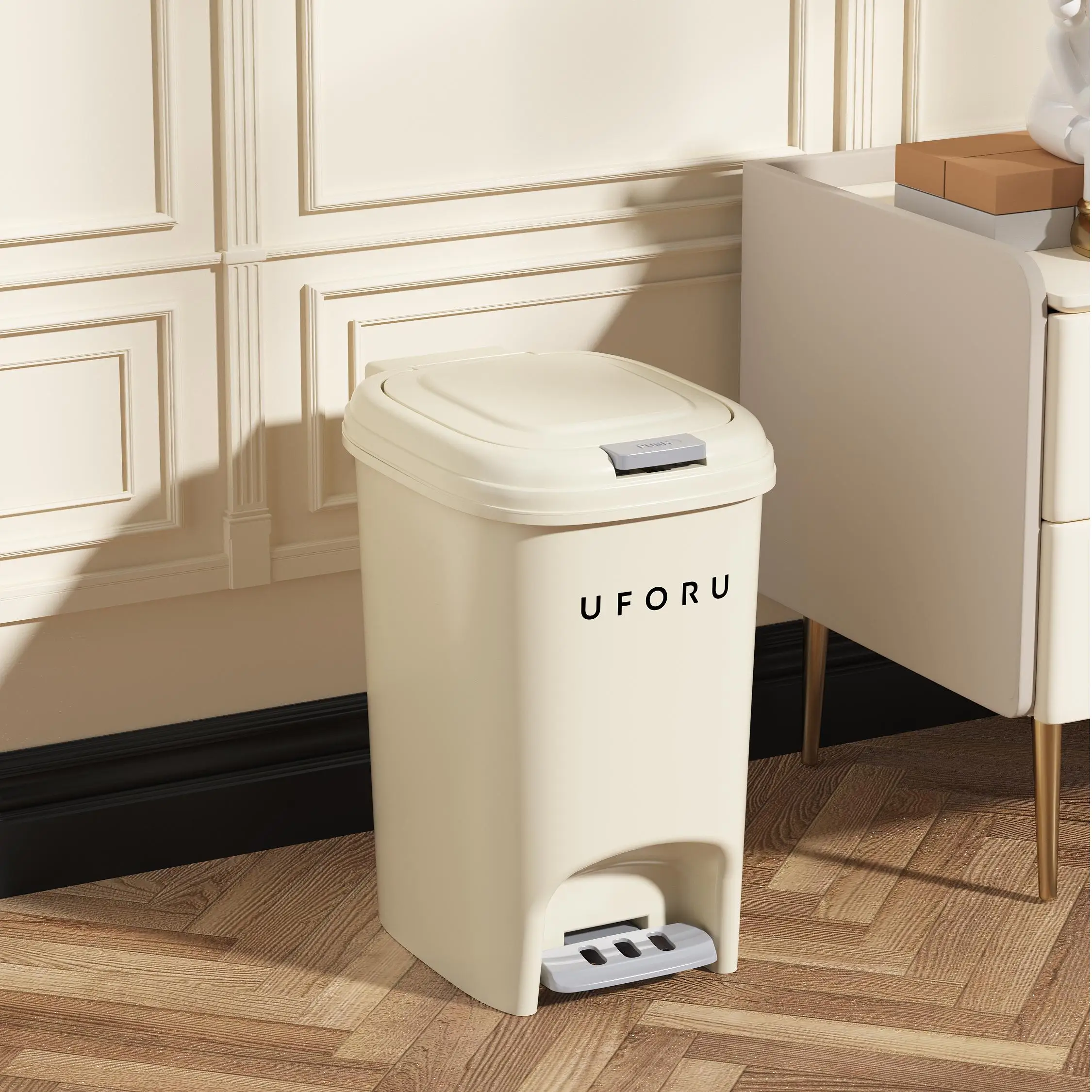UFORU 10L Luxury Large Capacity Trash Organizer Bins for Living Room Kitchen and Bathroom with Lid Creative Foot/Push Type