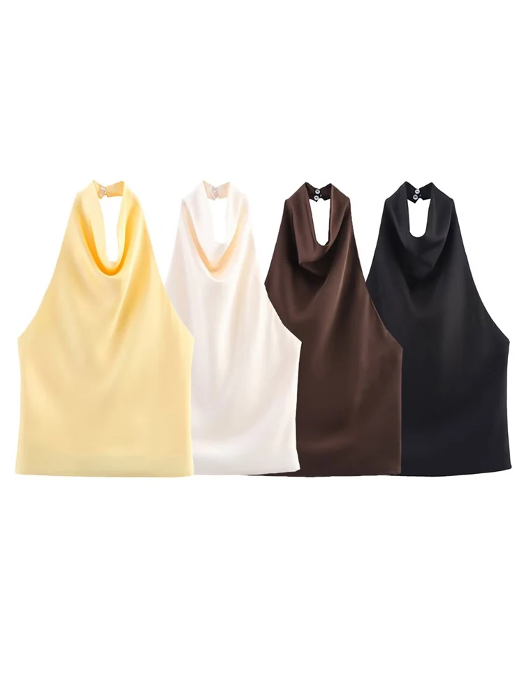 

HH 2025 модный женский атласный текстурный топ с воротником-бретелькой, летний женский сексуальный однотонный жилет без рукавов с открытой спиной, уличный жилет