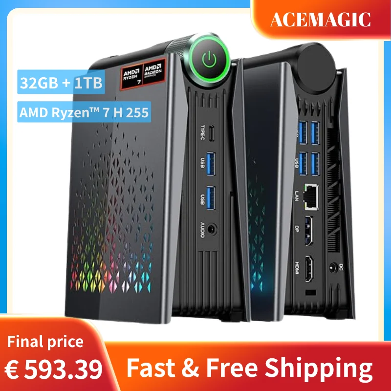 ACEMAGIC Mini PC AMD Ryzen 7 H225 Gaming PC 32GB LPDDR5 1TB SSD Windows 11 Pro Drievoudig 4K Scherm Kleine Desktop Computer WiFi 6