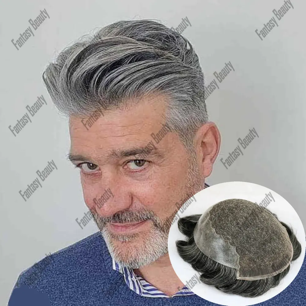 1b65 Grey Q6 Lace Toupetje Mannen Menselijk Haar Mannelijke Pruik Zwitserse Kant Voorkant Pruik Met Pu Mannen Haar Vervanging Systeem Unit Pruik Natuurlijk Haar