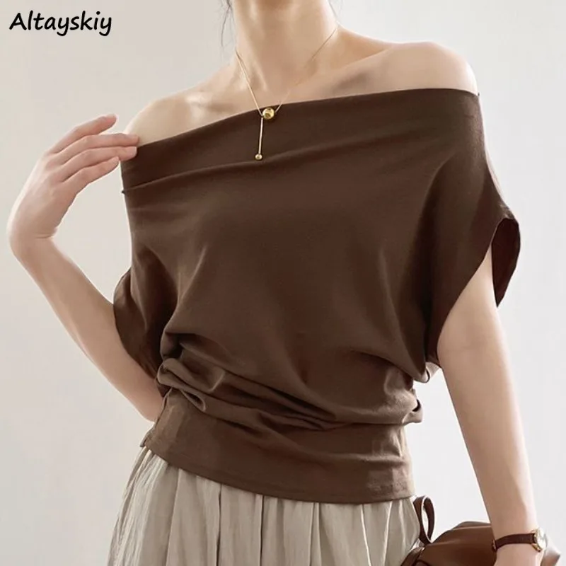 

Slash Neck T-shirts for Women Elegant Off Shoulder Design Solid Summer Tops Short Sleeve Fashion Ladies Casual Clothing Simple
